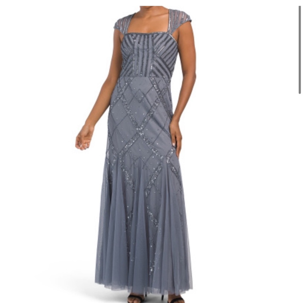 NEVER WORN - ADRIANNA PAPELL Dusty Blue Cap Sleeve Square Neck Deco Sequin Gown